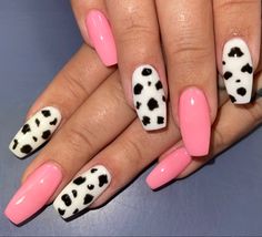 Pink Cowprint Birthday Party, Nail Ideas Cow Print, Space Cowgirl Nails, Space Cowboy Nails, Pink Cowprint Nails French Tip, Pink Cowprint Nails, Pink Cowgirl Nails, Nail Designs Cow Print Pink, Pink Glitter Cow Print Nails