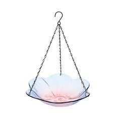 a glass bowl hanging from a chain on a white background