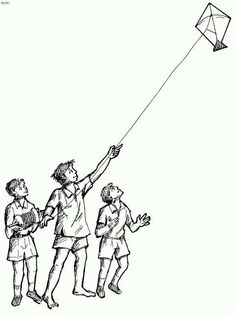 black and white drawing of three children flying a kite with one boy holding the string