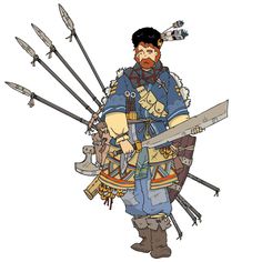 a drawing of a man holding two swords and wearing a uniform with feathers on it