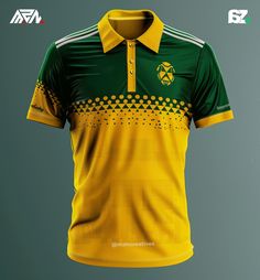 a yellow and green polo shirt with an abstract design on the chest, front and back