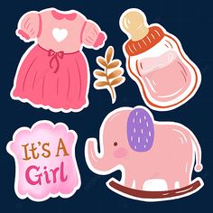 it's a girl baby shower stickers with an elephant, dress and bottle