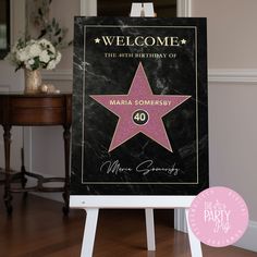 a welcome sign with a pink star on it for the birthday of marla sorresby