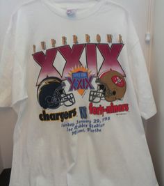 A collectible pair of super bowl 1995 49er t-shirts The  size is XL  the manufactuer is True-Fan sportswear They have never been worn. It is 100% cotton It was the Chargers vs 49er @ the Joe Robbie Stadium Miami Florida If you have any questions please convo me before purchase  I will be more than happy to help All sales are final. This shop does not offer refunds This shop ships only in USA please convo for exceptions              Thanks for snooping in my attic :) The Joe, Miami Florida, Super Bowl, San Jose, Favorite Outfit, Miami, Florida, Adult Outfits, Tops & Tees