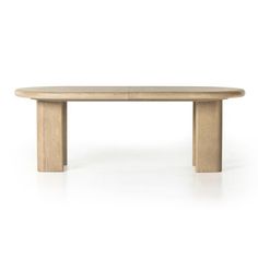 an oval wooden table with two legs and a long, narrow top on a white background