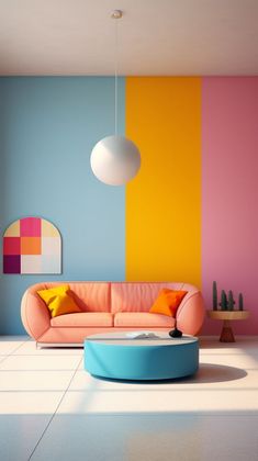 a living room with colorful walls and furniture