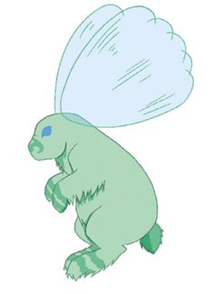 a drawing of a small green creature with a big blue cloud on its head and tail