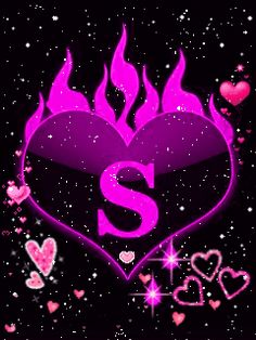 the letter s is in the shape of a heart with flames and hearts around it