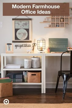 a room with a chair, desk and shelves on the wall that have pictures above it