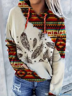 Orcajump - Western Ethnic Print Kangaroo Pocket Hoodie, Casual Long Sleeve Drawstring Hoodies Sweatshirt, Women's Clothing Cowboy Clothes, Cowboy Outfits, Kangaroo Pocket Hoodie, Pocket Hoodie, Ethnic Print, Sweatshirt Women, Vintage Fabric, Kangaroo Pocket, Style Vintage