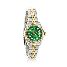 Pre-Owned Rolex Datejust Women's 26mm Automatic Stainless Steel, 18kt Yellow Gold Watch. Experience the renowned luxury of a pre-owned Rolex with this Datejust women's watch from our partner, Swiss Crown USA. The timepiece features Swiss automatic movement, aftermarket synthetic sapphire crystal, 26mm case, green dial with aftermarket diamond markers, 18kt yellow gold bezel and crown, and a stainless steel and 18kt yellow gold jubilee bracelet that finishes with a foldover clasp. Water-resistant Rolex 28mm Women, Two Tone Watches Women, Rolex Datejust Women, Rolex Watches Women, Rolex Women, Fine Jewelery, Jewelry Lookbook, Pre Owned Rolex, Rolex Day Date