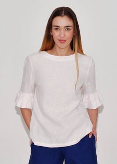 Linen Blouse DIANA Fashionable/ Flax Blouse With Frill | Etsy Linen Gown, Blouse Elegant, Linen Top Women, Couture Mode, Sleeves Blouse, Frill Sleeves, Elegant Blouses, Clothing Details, Bleachers