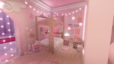 a bedroom with pink walls and lights on the ceiling is decorated in pastel colors