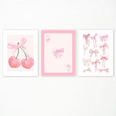 three pink cards with bows and cherries on them