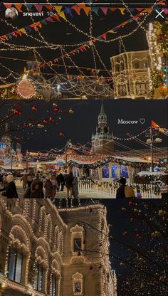 christmas lights and decorations adorn the city's historic buildings in this collage