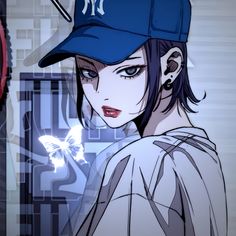 an anime character wearing a baseball cap and looking at something in front of her face