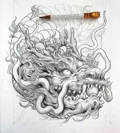 a pencil drawing of a dragon with its mouth open and eyes closed, on top of a piece of paper