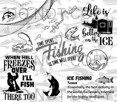 some fishing related items are shown in black and white