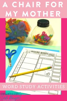 the word study activity for mother is shown with scissors, pencil and plastic letters on it