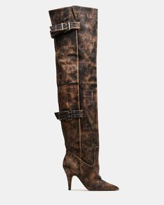 Expertly crafted, the BADDIE boot is both edgy and practical. Made with a pointed toe and buckle detail, these over-the-knee heeled boots offer a unique touch to any outfit. Elevate your style with these statement boots. 3.5 inch heel height 18 inch shaft circumference 26.5 inch shaft height Leather upper material Vegan leather and textile lining Vegan leather sock Synthetic sole Imported Statement Boots, Resale Clothing, Leather Socks, 5 Inch Heels, Vuitton Bag, Moto Boots, Elevate Your Style, Boot Shoes Women, Women's Boots