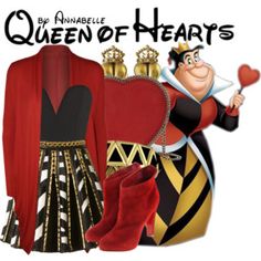 the queen of hearts costume is red, black and gold