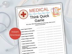 the medical think - quick game is displayed next to some medical supplies