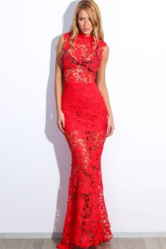 Sleeveless red lace maxi dress.High neck.Back zip.Red underling.Polyester. Red Lace Maxi Dress, Maxi Dress Red, Dress High Neck, Red Carpet Ready, Bodycon Floral Dress, Long Sleeve Lace Dress, Long Sleeve Floral Dress, Lace Maxi, Festival Dress