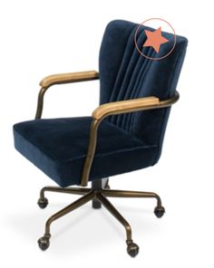 a blue velvet office chair with wooden armrests and casteors, viewed from the front