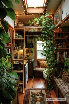 a living room filled with lots of plants and bookshelves next to a window