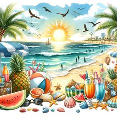 a beach scene with palm trees, watermelon and cocktails