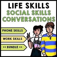 two people standing next to each other with the words life skills and social skills conversations