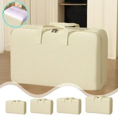 four pieces of white luggage sitting on top of a wooden floor next to each other