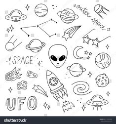 space doodles with an alien, planets and stars in the sky on a white background