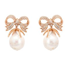 Gorgeous and unique, our Baroque Pearl Ribbon And Bows Drop Earrings are simply stunning! Handcrafted in 925 sterling silver dipped in 18ct rosegold, these beautiful earrings feature organic shaped baroque pearls, each as unique as you. The classic simplicity of the baroque pearls is enhanced by the vibrant sparkle of Cubic Zirconia adorned top depicting a ribbon tied in an eye-catching bow. Perfect for brides or special occasions, these earrings exude elegance. Not only beautiful but ribbon bow Luxury Rose Gold Earrings For Formal Occasions, Luxury Pink Gold Earrings For Formal Events, Luxury Pink Gold Earrings For Formal Occasions, Elegant Rose Gold Drop Bridal Earrings, Elegant Rose Gold Bridal Drop Earrings, Rose Gold Pearl Earrings For Formal Occasions, Rose Gold Drop Pearl Earrings For Evening, Formal Rose Gold Pearl Earrings With Elegant Design, Luxury Rose Gold Pearl Earrings For Anniversary