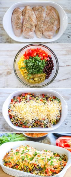 four different types of casserole dishes with chicken, vegetables and cheese in them