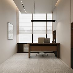 an office area with a desk, chair and large window in the middle of it