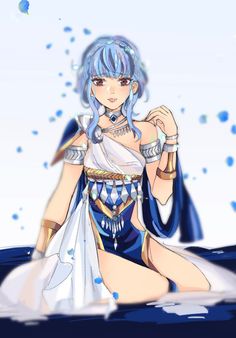 an anime character with blue hair sitting on the ground in front of water and bubbles