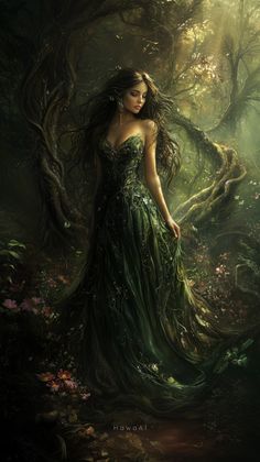 a woman in a green dress is standing in the woods with her hair blowing back