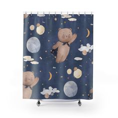 a shower curtain with an image of teddy bears in the sky and planets on it