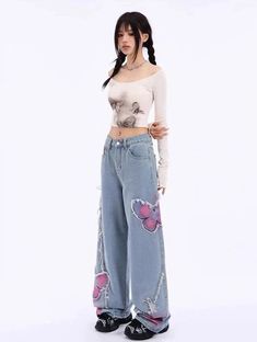 Rock these Distressed Pink Butterfly Jeans 🦋 and make a statement with their unique distressed design. These cute and pretty jeans feature edgy pink butterfly designs that will surely turn heads. Be bold and playful with your fashion choice! Size Chart: Size Waist (cm) Hip (cm) Length (cm) Waist (in) Hip (in) Length (in) S 63 94 100 24.80 37.01 39.37 M 67 98 101 26.38 38.58 39.76 L 71 102 102 27.95 40.16 40.16 XL 75 106 103 29.53 41.73 40.55 Description: Item Type: JeansJeans Style: High Waist Punk Wide Leg Jeans For Spring, Wide Leg Punk Jeans For Spring, Spring Punk Distressed Jeans, Trendy Ripped Pink Jeans, Distressed Bottoms For Spring Festival, Edgy Bottoms For Spring Festival, Pink Denim Jeans For Spring, Edgy Festival Bottoms For Spring, Spring Pink Denim Jeans