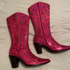 Super Cute Hot Pink Sequin Cowgirl Boots. Never Worn! Glamorous Spring Boots With Round Toe, Western Style Pink Mid-calf Boots, Pink Fitted Western Mid-calf Boots, Western Style Fitted Pink Mid-calf Boots, Western Style Pink Mid-calf Boots For Winter, Pink Western Style Mid-calf Boots For Winter, Pink Low Heel Party Boots, Pink Low Heel Boots For Party, Pink High Heel Mid-calf Boots For Party