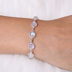 "Rainbow Moonstone Bracelet, 925 Sterling Silver Bracelet, Handmade Bracelet, June Birthstone Bracelet, Minimalist Jewelry, Gift For Her Gemstone Name - Rainbow Moonstone  Stone Quality - AAA Bracelet Weight - 5.80 gm Stone Length - 0.7 cm , Stone Width - 0.7 cm 6 inch to 9 inch sizes are available, we give 0.5 inch adjustable in the size which you order ( NOTE - 0.5 INCH ADJUSTABLE IS INCLUDED IN YOUR ORDERED SIZE ) Stone Shape - As shown in the picture You'll get the exact product as shown in Adjustable Silver Bracelet, Bracelet Minimalist, Hippie Bracelets, Moonstone Stone, Birthstone Bracelet, Adjustable Jewelry, Moonstone Bracelet, Wedding Jewelry Bracelets, Bracelet Gemstone