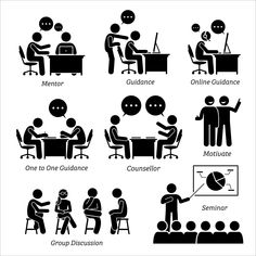 stick figures showing different types of people in an office or meeting room, including one person sitting