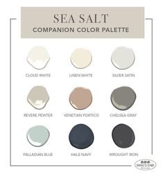 the beach glass color palette is shown in shades of gray, green, and white