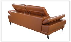 a brown leather couch with two recliners on it's back legs and arms