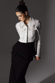 This cropped wool shirt features a unique ethereal design and convenient cargo pockets. Made from high-quality wool, it offers both comfort and style. Perfect for those looking for a creative and functional addition to their wardrobe. Ethereal Design, Mean Blvd, Ankle Length Skirt, Wool Shirt, Layered Design, Cargo Pocket, Layered Skirt, Layers Design, Designer Collection