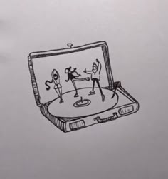 a drawing of two people dancing on a record player's turntable with the lid open