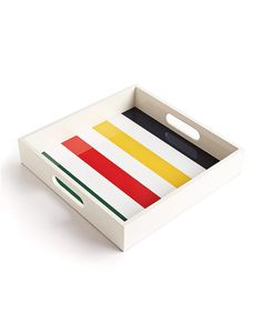 a white box with multicolored stripes on it