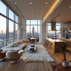 a living room filled with furniture and large windows overlooking a cityscape in the distance