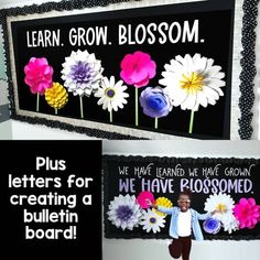 two pictures with flowers on them and the words learn, grow, blossom written in black